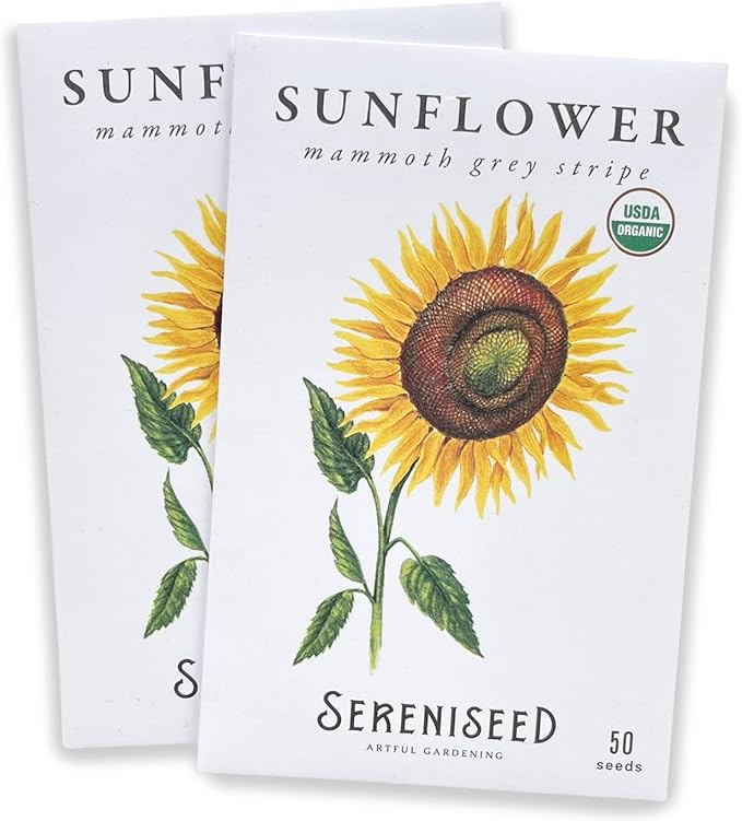 Sereniseed Certified Organic Mammoth Grey Stripe Sunflower Seeds (2-Pack) – 100% Non GMO, Open Pollinated – Guide for Indoor & Outdoor Garden Planting