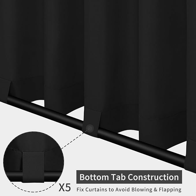 Easy-Going Outdoor Patio Curtains Detachable Tab Top Windproof Weatherproof Curtain for Cabana, Porch, Pergola and Gazebo, Tab Bottom Drape, 2 Panels, 110W x 120L inch, Black