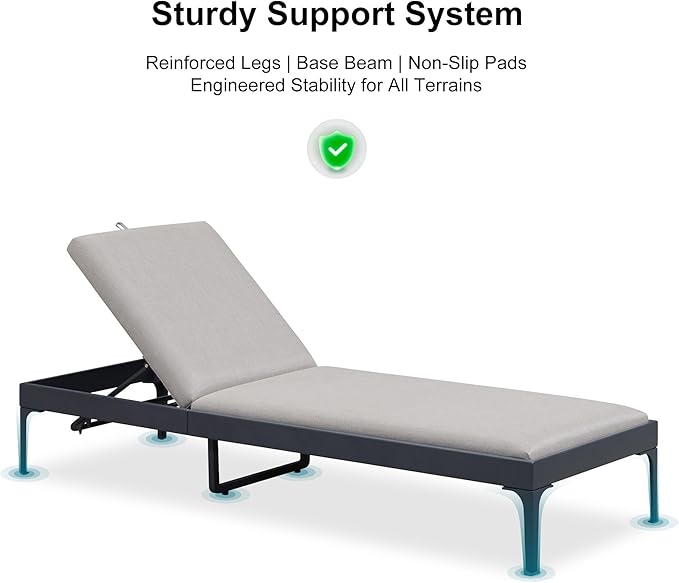 PURPLE LEAF 1 Piece Outdoor Chaise Lounge Aluminum Adjustable Patio Lounger Chair with Cushion Reclining Beach Daybed for Poolside Balcony Deck Backyard, Dark Grey