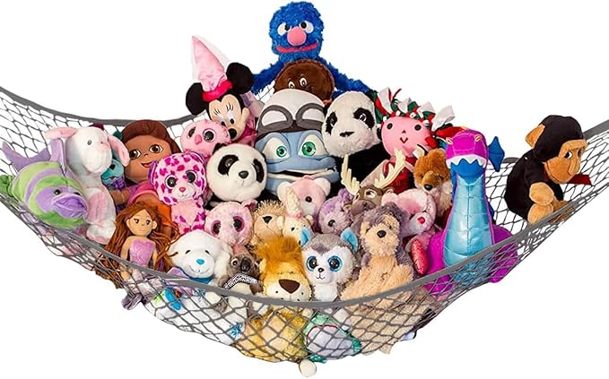 Lilly's Love Large Stuffed Animal Hammock | Corner Hanging Organizer, Stuffed Animal Storage | Easy to Hang Plushie Net w/Included Anchors & Hooks | Cute Room & Bedroom Decor (Gray)