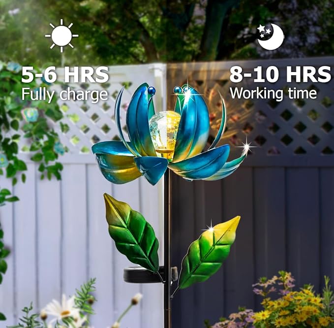 Solar Yard Lights Wind Spinners- Metal Lotus Flower Garden Decor LED Crackle Glass Globe Yard Art Sculpture Solar Stake Lights for Patio Pathway Lawn Walkway