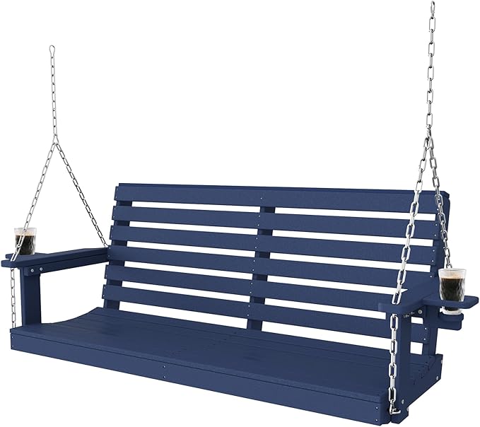 Plawdlik Porch Swings,2 Seat Patio Chair with Two Cup Holders,HDPE Waterproof Bench for Courtyard-Navy Blue