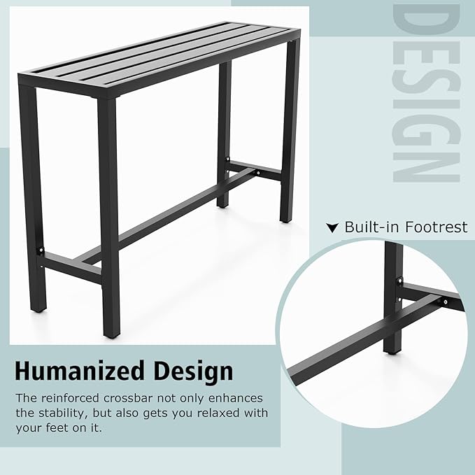 COSTWAY Outdoor Bar Table 55-inch Wide, Narrow Counter Height Dining Table with Waterproof Top and Heavy-Duty Metal Frame, Rectangular Pub Table for Garden Patio Backyard Poolside, Black