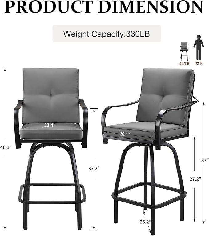 Patio Swivel Bar Stools, Outdoor Bar Height Swivel Chairs Set of 4 with Cushion & All Weather Steel Frame for Backyard, Lawn, Poolside and Balcony, Dark Grey