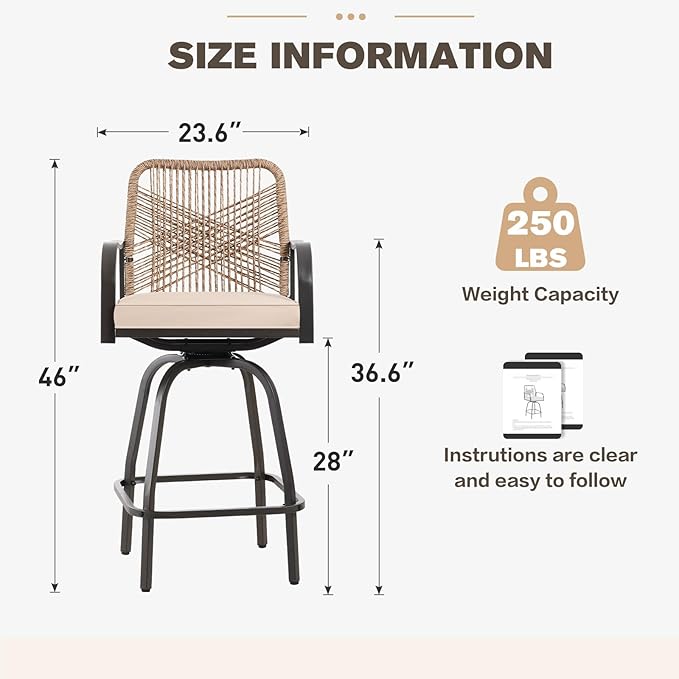 Patio Swivel Bar Stools Set of 4, Outdoor Rattan Height Bar Patio Swivel Chairs with Steel Frame and Thickened Cushion for Garden, Balcony, Lawn and Backyard (Rattan Brown)