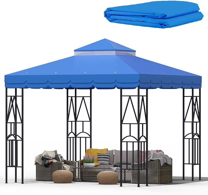 10x10 Canopy Replacement Top Double Tiered Gazebo Cover for Yard, Patio & Garden Durable Sunshade Replacement (Blue with lace)
