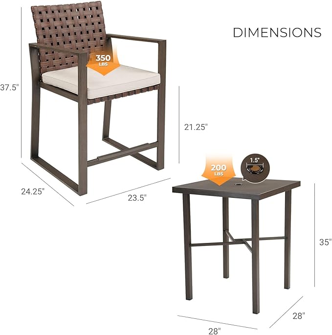 Grand patio 3-Piece Outdoor Counter Height Bar Set with Wood Grain Texture Leather-Look Wicker Bar Set with Market Umbrella Hole Furniture for Patio, Balcony, Garden - Brown