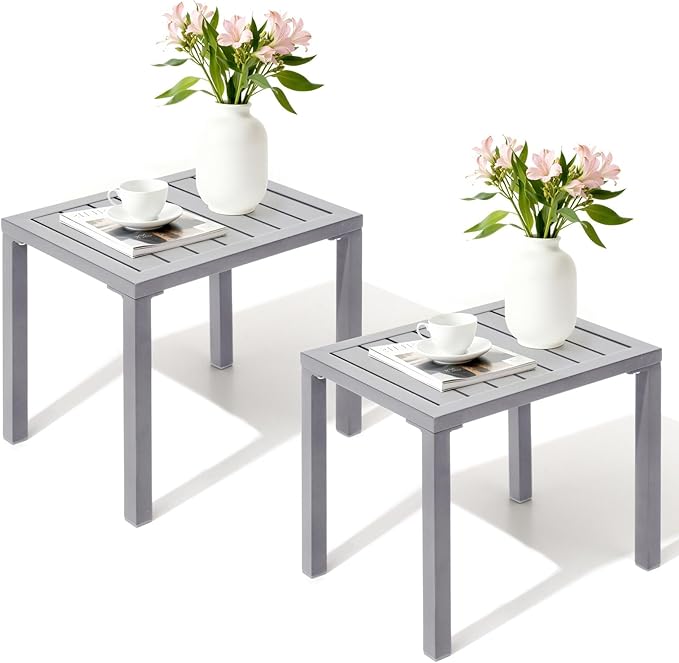 Crestlive Products Outdoor Side Table Set of 2, Aluminum Small Rectangular Coffee End Tables for Patio Balcony Pool Deck(Light Gray)