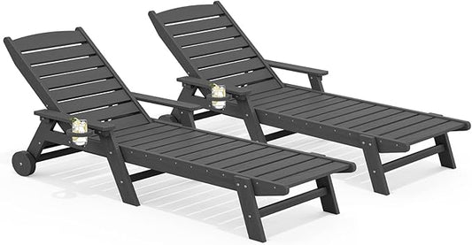 SERWALL Patio Chaise Lounge Chair Set of 2, 78'' Long 5-Positions Adjustable HDPE Outdoor Lounger for Pool, Poly Lounge Chair with Rolling Wheels & Cup Holder for Poolside, Deck, Gray
