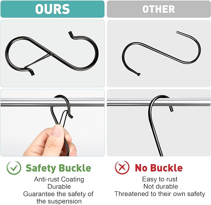 150 Pcs S Hooks for Hanging Heavy Duty, 3.5-inch Heavy Duty Metal S Hook with Safety Buckle, Suitable for 0.5 inch Rods, S Hook for Hanging Plants, Closet, Kitchen Utensil, Pot, Pan, Bags