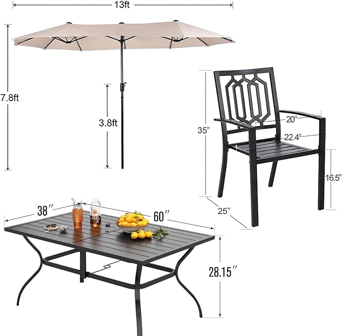 PHI VILLA Patio Dining Set 8 PCS with 13ft Double-Sided Patio Umbrella(Beige)，Metal Outdoor Dining Set - 6 x Outdoor Stackable Chairs, 1 x 60"x38"Rectangle Dining Table and 1 Umbrella