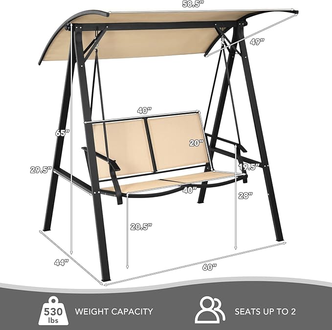 Tangkula 2-Person Patio Swing, Weather Resistant Porch Swing with Adjustable Canopy, Steel Frame, Outdoor Modern Canopy Swing with Handrails, Suitable for Porch Garden Poolside (Coffee)