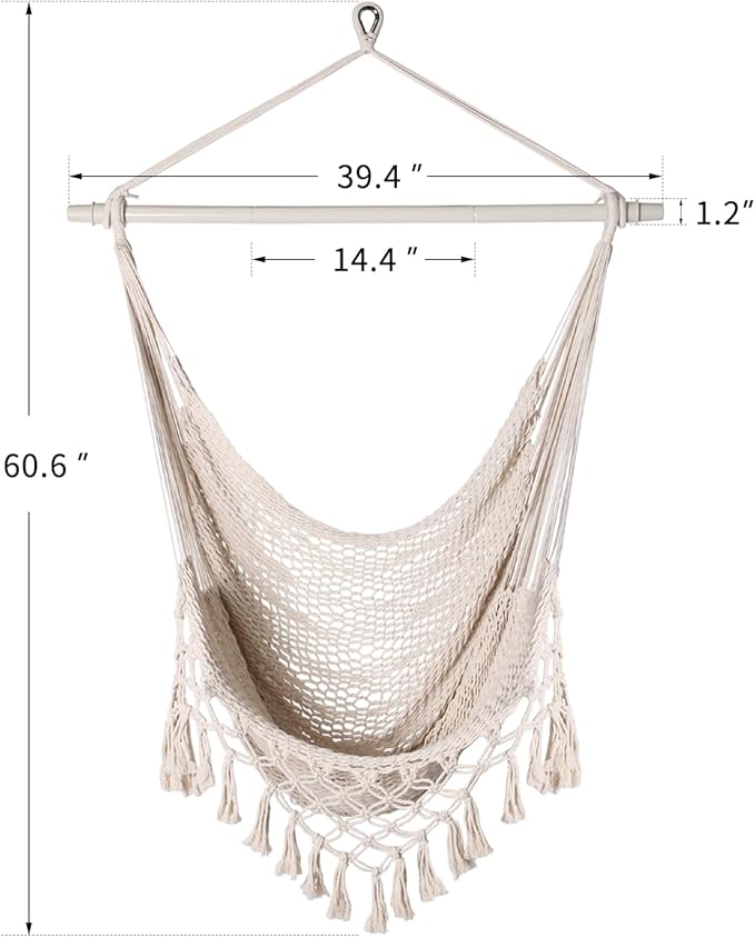 Handwoven Cotton Rope Hammock Chair with Metal Spreader Bar, Boho Hanging Chair Bedroom, Indoor Outdoor Swing Chair with Tassle, SandyBeach White