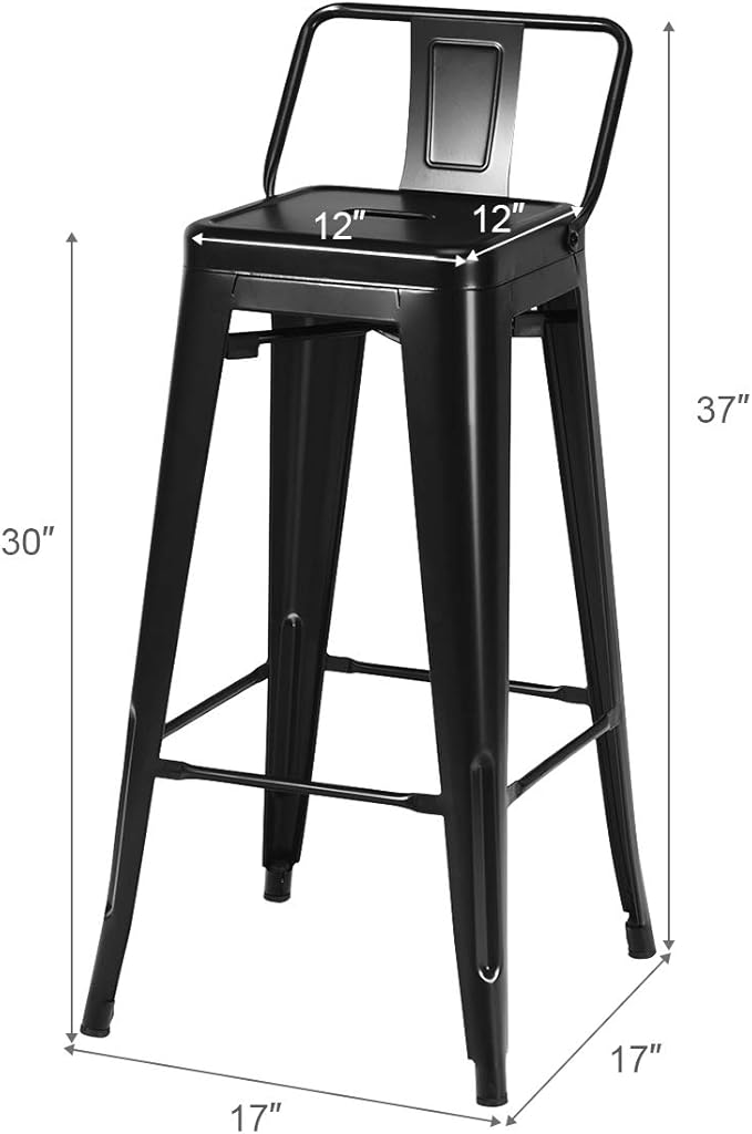 COSTWAY Metal Bar Stools Set of 4, with Removable Back, 30‘’ Bar Height with Rubber Feet, Stylish and Modern Chairs, for Kitchen, Dining Rooms, and Side Bar (Black, 30'')