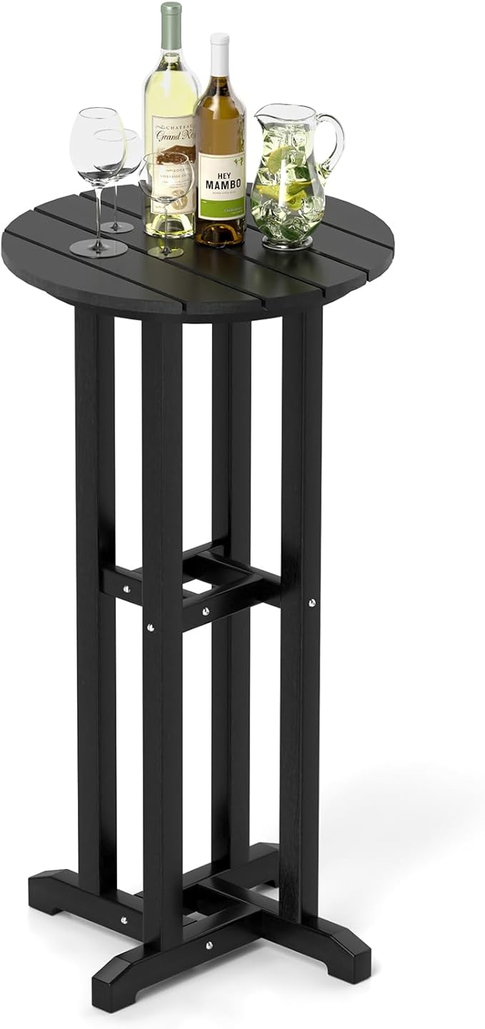 Tangkula 21.5" Round Bar Table, Patio HDPE Bar Height Dining Table w/Slatted Tabletop, Outdoor All-Weather High-Top Bistro Table for Poolside, Backyard, Balcony (Black)