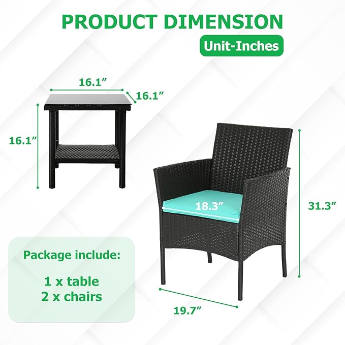 FDW 3 Piece Outdoor Furniture Set Patio Wicker Chairs Furniture Bistro Conversation Set 2 Rattan Chairs with Blue Cushions and Glass Coffee Table for Porch Lawn Garden Balcony Backyard