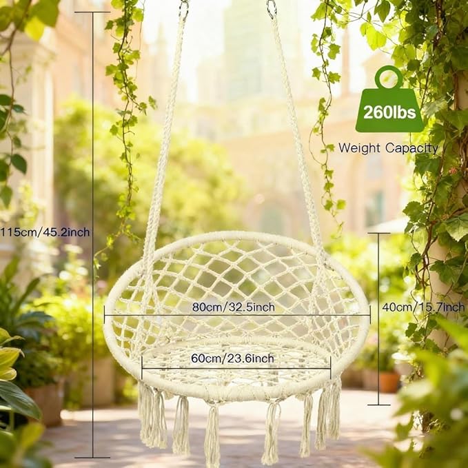 Goutime Hammock Chair, Macrame Hanging Swing Chairs with Cushion and Hardware Kit,Adult Boho Swings for Outside,Patio,Balcony,Bedroom Beige (Pillows are not Included)