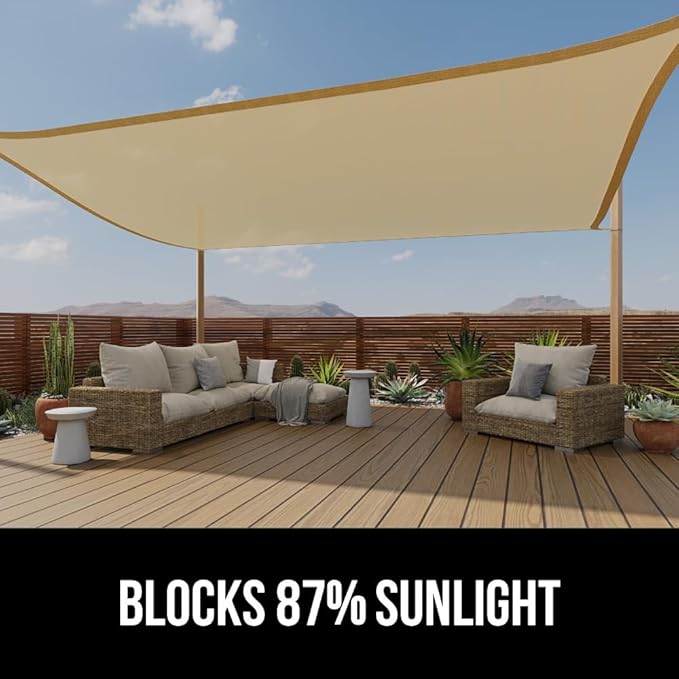 GORILLA GRIP Heavy Duty Sun Shade, UV Protection Fade Tear and Rust Resistant Rectangle Sunshade Canopy, Curved Edges Blocks Sunlight, Breathable Sail, Outdoor Patio, Lawn Garden, 16x16x16, Sand