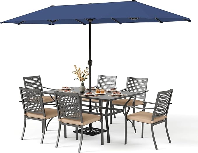 PHI VILLA 7 Pieces Outdoor Dining Set for 6 with Umbrella, 60" Long Metal Table & Stackable Iron Chairs with Cushions & 13ft Blue Umbrella, Modern Steel Furniture Set for Patio, Deck, Yard, Porch