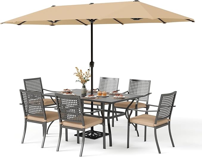 PHI VILLA 7 Pieces Outdoor Dining Set for 6 with Umbrella, 60" Long Metal Table & Stackable Iron Chairs with Cushions & 13ft Beige Umbrella, Modern Steel Furniture Set for Patio, Deck, Yard, Porch