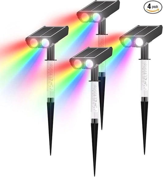 RGB Solar Spot Lights : 2 IN 1 Solar Lights Outdoor with 8 Lighting Modes & PC Light Guide Column for Tree Garden Yard Pathway | RGB Color Changing Landscape Lights | IP65 Waterproof | 4 Pack