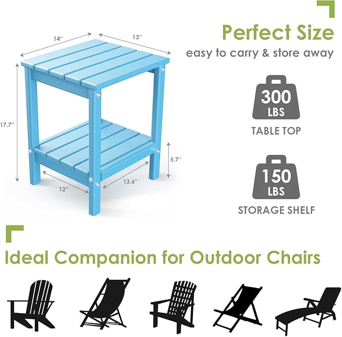 GREENVINES Adirondack-Outdoor-Side-Table | Set of 4 | 14 x 13 Inches | HDPE Plastic | All Weather | Arctic | Outside End Tables | Storage Shelf | for Patio Porch Backyard Indoor