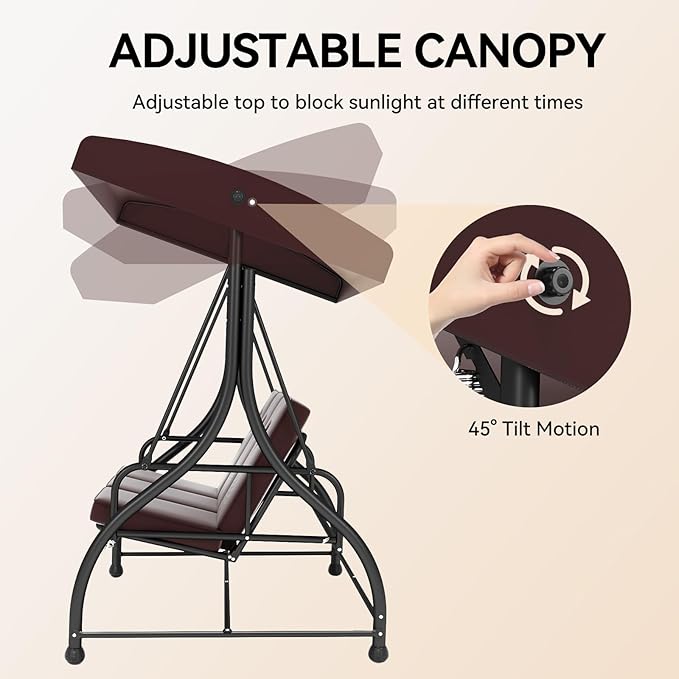 3-Seat Outdoor Patio Swing Glider - Heavy Duty Steel Frame with Adjustable Canopy & Removable Cushions - All Weather Porch Swings Chair for Backyard, Garden, Poolside - Brown