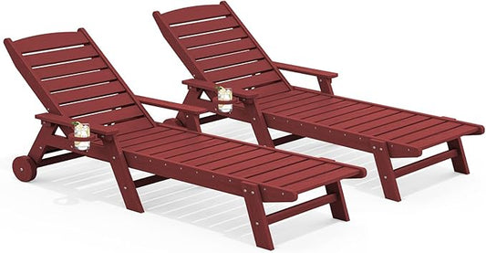 SERWALL Patio Chaise Lounge Chair Set of 2, 78'' Long 5-Positions Adjustable HDPE Outdoor Lounger for Pool, Poly Lounge Chair with Rolling Wheels & Cup Holder for Poolside, Deck, Dark Red