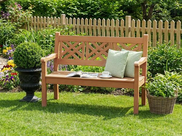 Psilvam 63''W All-Weather Poly Lumber Outdoor Bench – Teak Color, 3-Person Garden Bench with Decorative Backrest & Curved Armrests, Anti-Rot & Fade-Free Patio Bench for Porch, Backyard(Teak Color)
