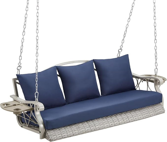 Heavy Duty 900 LBS Porch Swing Chair 3-Person Outdoor Rattan Patio Swing Lounge w/Cup-Holder & Steel Chains Wicker Hanging Bench Porch Swing Cushions for Deck & Backyard & Garden