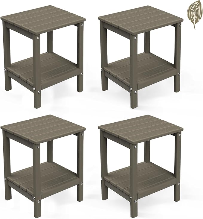 GREENVINES Adirondack-Outdoor-Side-Table | Set of 4 | Wood Grain | 14 x 13 Inches | HDPE Plastic | All Weather | Desert Brown | Outside End Tables | Storage Shelf | for Patio