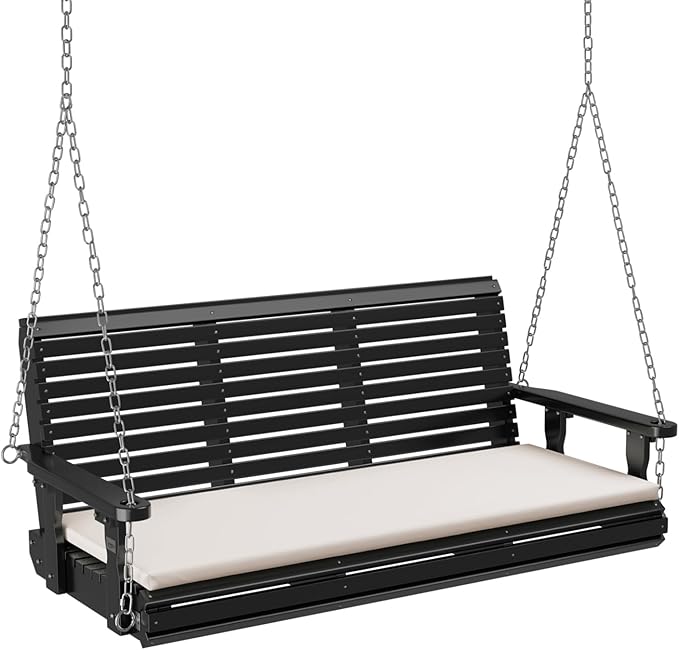 VINGLI Wooden Porch Swing, Heavy Duty 880 LBS Hanging Patio Bench with Extra Cushion for Lawn| Garden| Courtyard (Black, 5 feet)