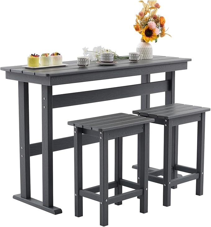 3 Pcs HDPE Outdoor Bar Set of 2 Includes Bar Height Table and Chairs, Patio Bar Stools Set for Bistro, Poolside, Backyard, Gray