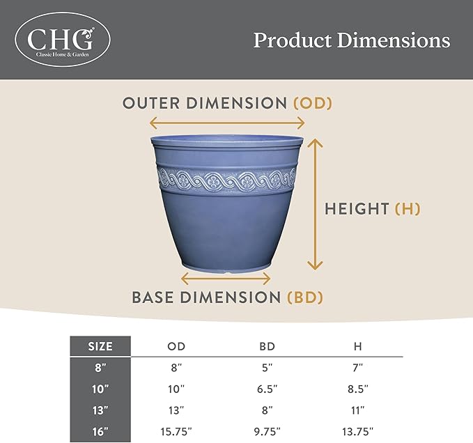Classic Home and Garden Corinthian Round Resin Flower Planter Pot, Storm Gray 8" (Pack of 3)
