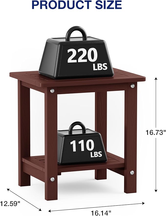 YEFU Outdoor Side Table for Patio: 16" HIPS Weather - Resistant Adirondack Tables Set of 2 - Small Square End Table for Backyard Living Room Bedroom - Indoor Outdoor Double Layer Table Coffee