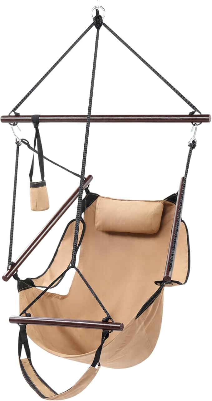 ONCLOUD Upgraded Unique Hammock Sky Chair, Air Deluxe Hanging Swing Seat with Rope Through Beech Wood Bar Safer Relax with Drink Holder & Fuller Pillow for Indoor Outdoor Patio Yard 250LBS (Tan)