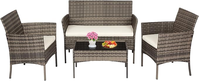 FDW Outdoor Patio Furniture Set Wicker Patio Set PE Rattan Furniture Bistro Set for Outdoor Indoor Use with Loveseats Coffee Table, Khaki Cushions, 4 Pieces