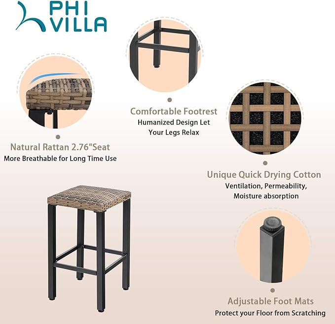 PHI VILLA Outdoor Bar Stools Set of 4, 26” Wicker Seat Counter Height Backless Barstools, Metal Frame Bar Chairs for Patio Kitchen & Dining