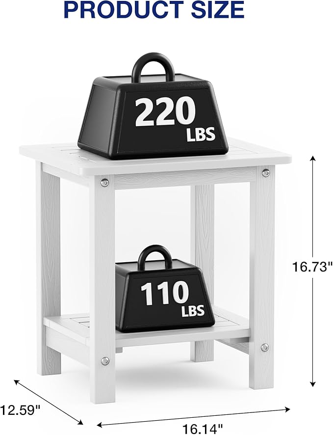 YEFU Outdoor Side Table for Patio: 16" HIPS Weather - Resistant Adirondack Tables - Waterproof Small Square End Tables for Backyard Pool Porch Balcony - Indoor Outdoor Double Layer Table White