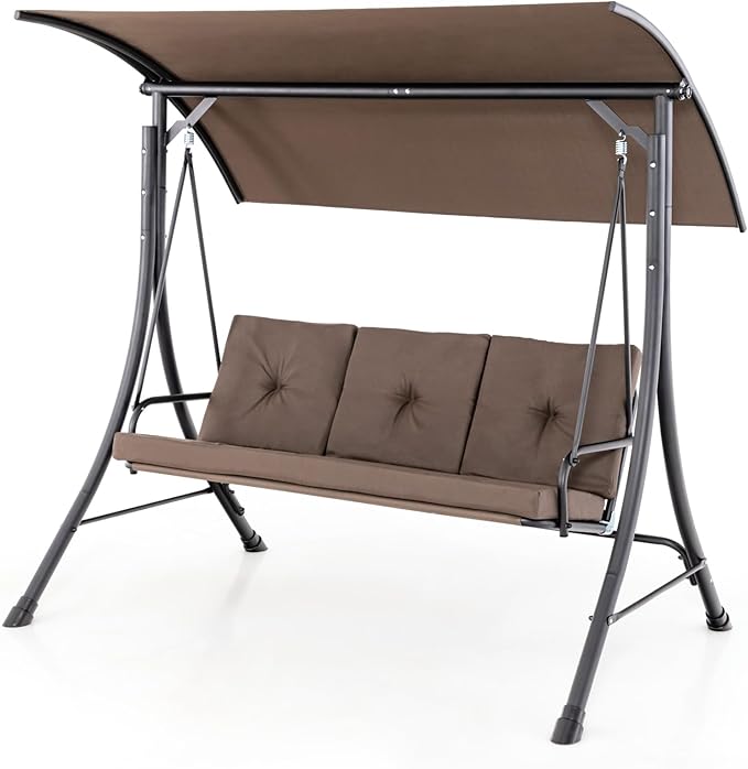 Tangkula 3 Person Porch Swing, Outdoor Swing with Removable Cushions, Solid Steel Structure, Patio Swing with Adjustable Canopy for Garden, Backyard, Balcony, Poolside