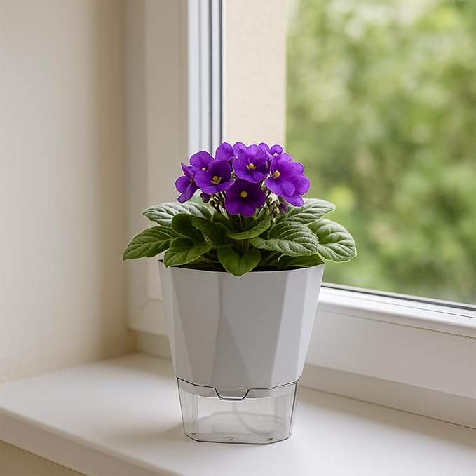 2 Pack Self Watering Pots for Plants, 8.4" Self Watering Planters Large African Violet Self Watering Clear Pots for Plants Large Herb Orchid Flower Houseplant Pots, Light Grey