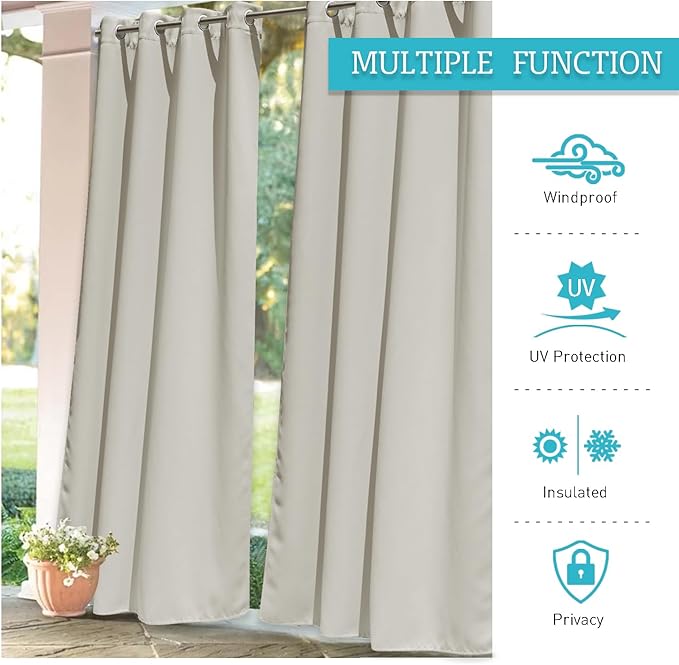 RYB HOME Outdoor Curtains for Patio Waterproof Block Sunlight Thermal Insulated Privacy Thick Outside Curtains for Pergola, Cabana, Gazebo, W52 x L72, Natural, 1 Panel