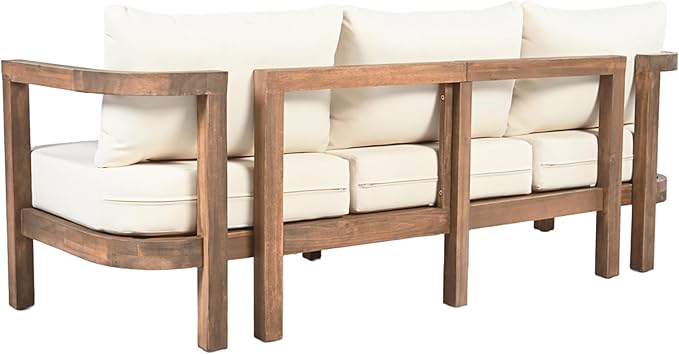 Christopher Knight Home Havets 74.75"W Outdoor 3 Seater Sofa, 6" Thick Cushion Couch, Acacia Wood Bench Sofa, Slats Panel Open Back, Spacious Seating Bench Couch for Backyard Garden Porch, Brown+Beige
