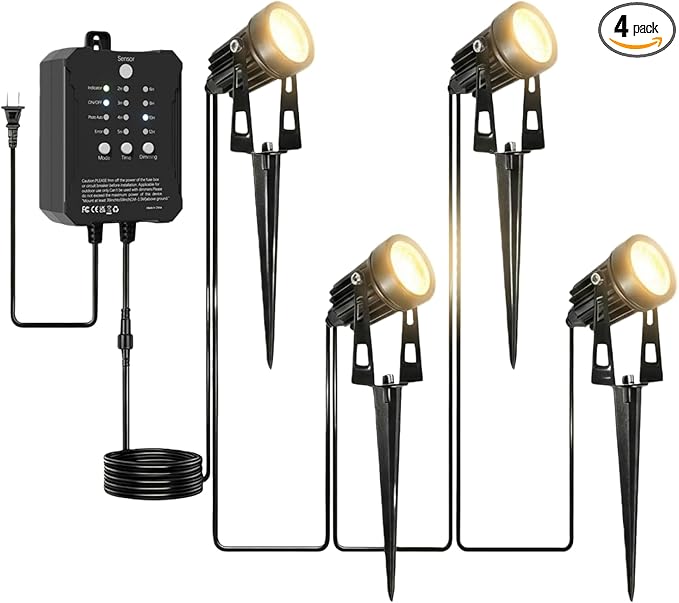 All-in-One Low Voltage Landscape Lighting, Dusk to Dawn Transformer Timer, Waterproof Spotlights, Dimmable LED Outdoor Landscaping Lights Kit for Yard Backyard Tree House 24V Warm White 4 Pack
