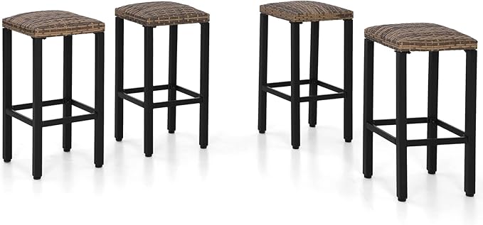 PHI VILLA Outdoor Bar Stools Set of 4, 26” Wicker Seat Counter Height Backless Barstools, Metal Frame Bar Chairs for Patio Kitchen & Dining
