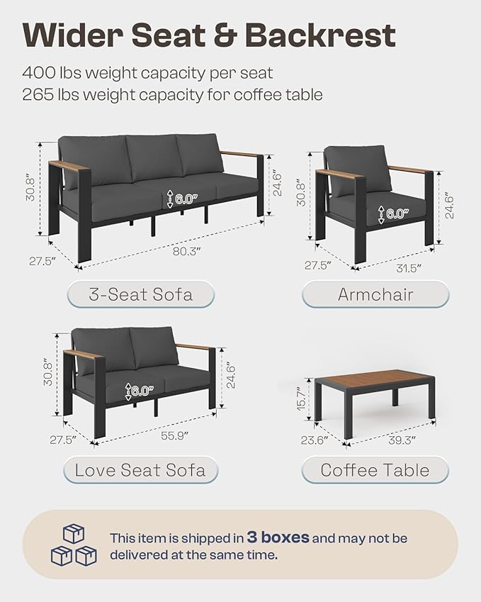 Aluminum Outdoor Patio Furniture Set with Coffee Table, 4 Piece Patio Conversation Sets with Washable Thick Cushions, Outdoor Sectional Furniture Set for Porch, Balcony, Deck, Graphite