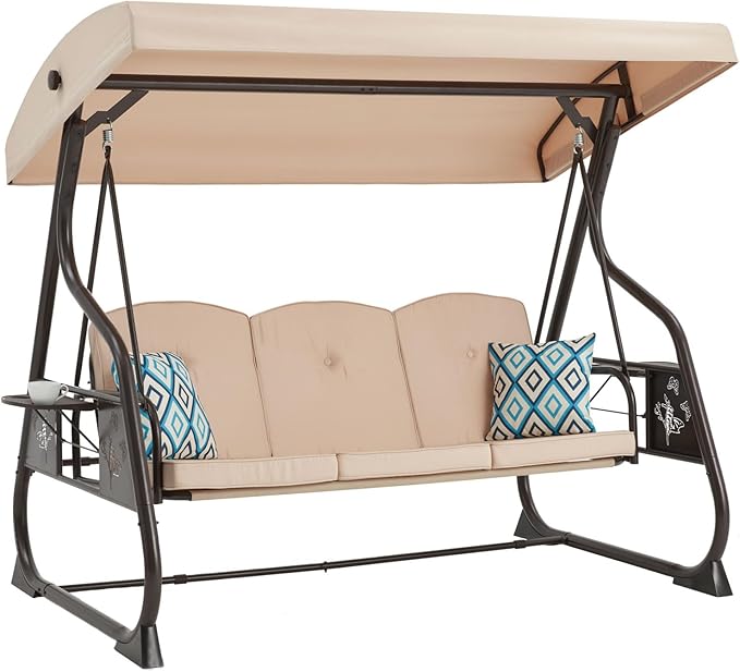 3-Seat Patio Porch Swing 800LBS Outdoor Swing with Stand w/Canopy & Adjustable Backrest Patio Glider Chair w/Removable Pillows & Foldable Side Tray for Balcony Garden Deck (Khaki)