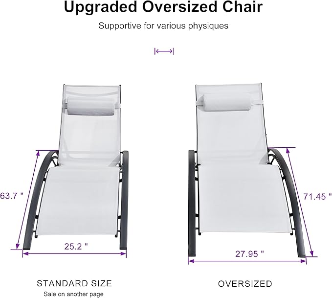 PURPLE LEAF Patio Oversized Chaise Lounge Chair Set with Side Table Pool Adjustable Recliner Chairs for Outside Beach Outdoor Sunbathing Tanning Poolside Lounger Chair, White