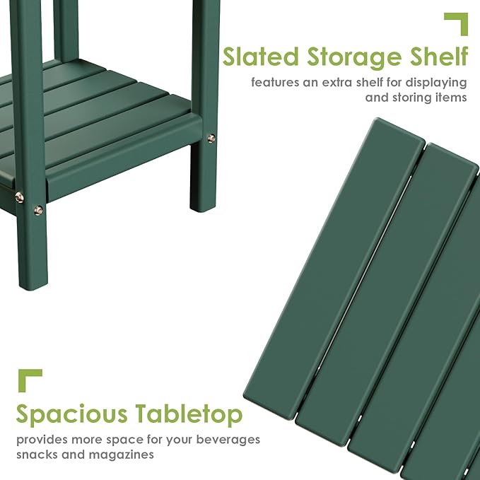 GREENVINES Adirondack-Outdoor-Side-Table | Set of 2 | 14 x 13 Inches | HDPE Plastic | All Weather | Forest Green | Outside End Tables | Storage Shelf | for Patio Porch Backyard Indoor