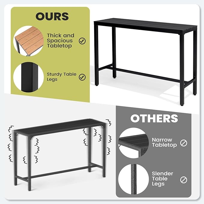 Crestlive Products Outdoor Bar Table and Chairs Set, 3 Piece Outside Patio Bar Set with 55" Long Bar Table and 2 Bar Stools for Balcony, Bistro, Garden, Backyard(Black Desktop and Beige Cushion)